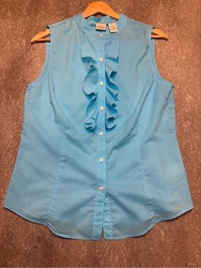 EUC L.L. Bean Women's Sleeveless Ruffle Button-Front Top - Aqua Blue - Size M